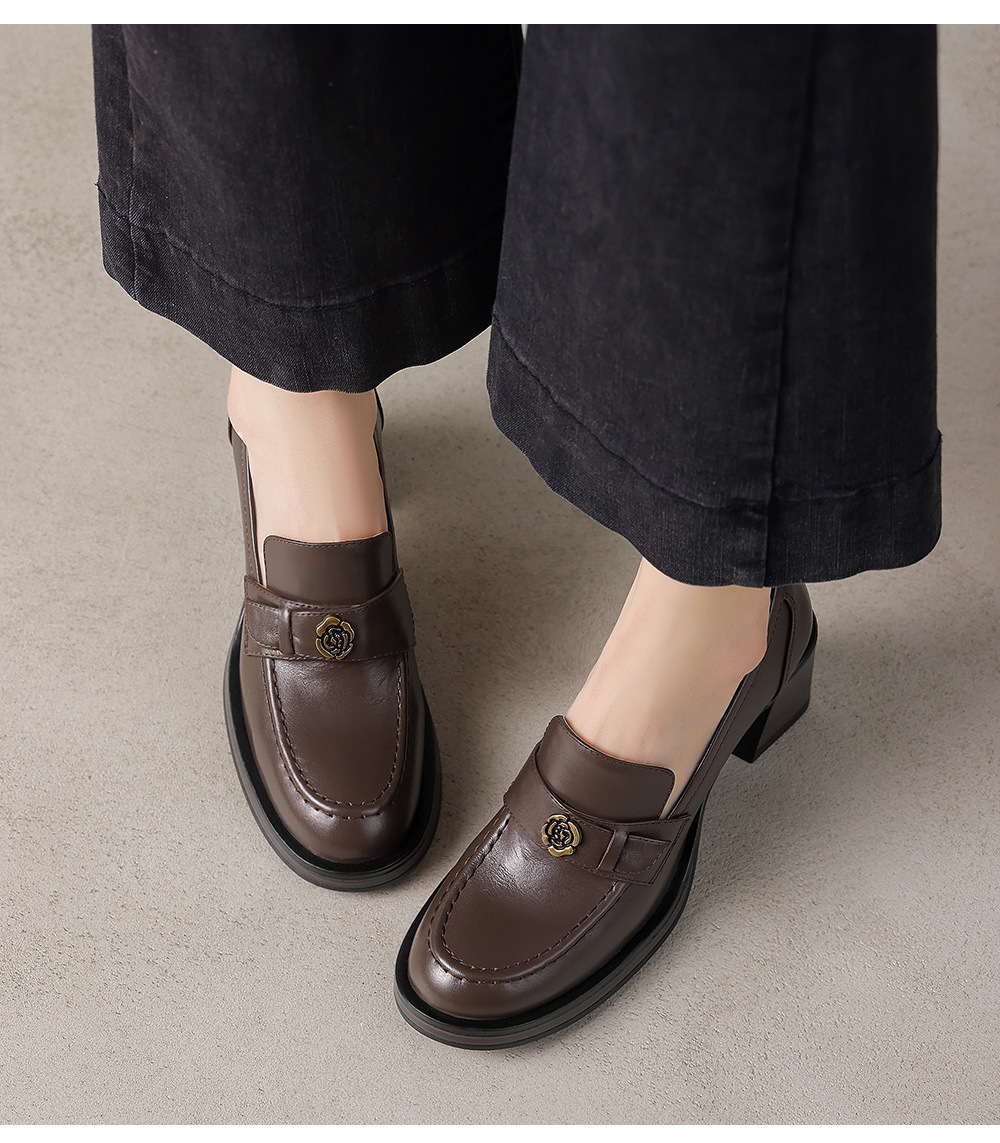 Giày loafer nữ cao gót phong cách Anh quốc vintage, da bò thật gót vuông — màu nâu chi tiết 5