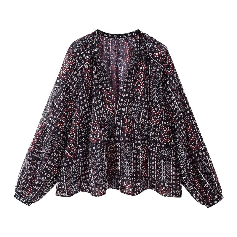 ZADATA spring new women's European and American metal color line fashion printed cover long sleeve shirt 5770024