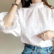 3色现货2025日韩春夏新款上衣女花边立领刺绣镂空纯色衬衫