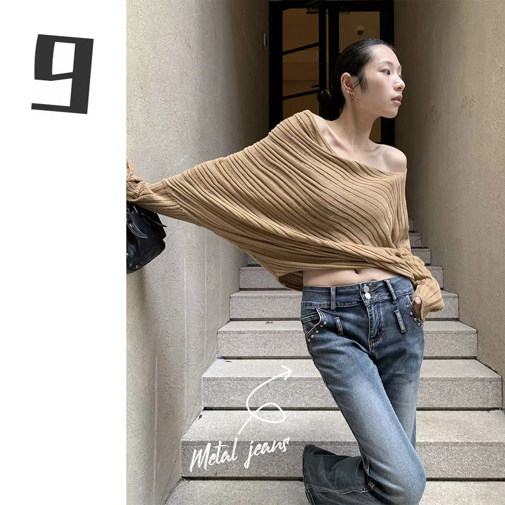 [9Hour] American Sexy Style Low-Waist Jeans for Women 2025 Autum Metallic Stretch Boot-Cut Pants C5099