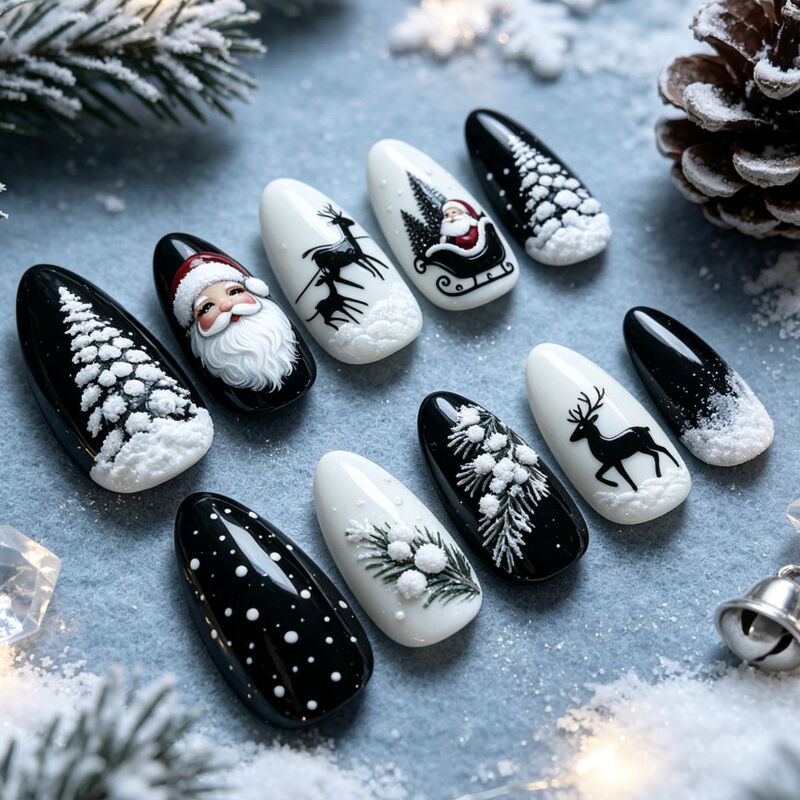 Black and White Christmas Santa Sleigh Reindeer Cedar Snow Scene Holiday Nails 30 Pieces European and American Fashion Manicure Black and White Christmas Santa Sleigh Reindeer Cedar Snow Scene Holiday Nails 30 Pieces European and American Fashion Manicure