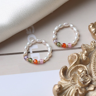 Colorful Retro Crystal Natural Freshwater Pearl Ring Stretch American 14K Gold Factory Original Design in stock