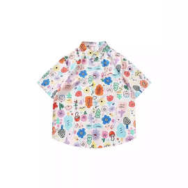 港风趣味卡通涂鸦短袖衬衫男女夏季多巴胺穿搭宽松甜美风花衬衣潮