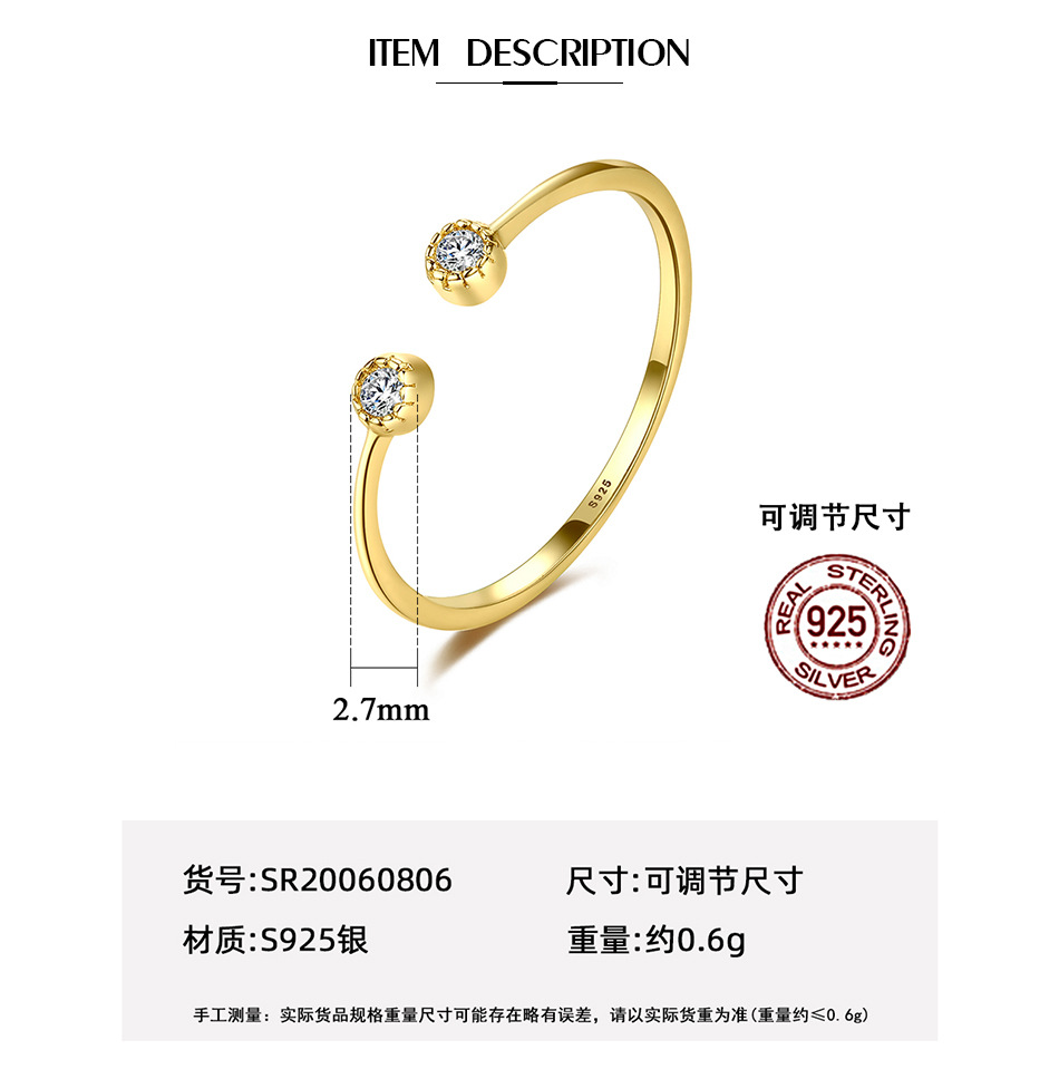 S925 Silver Inlaid Zircon Open Ring display picture 1