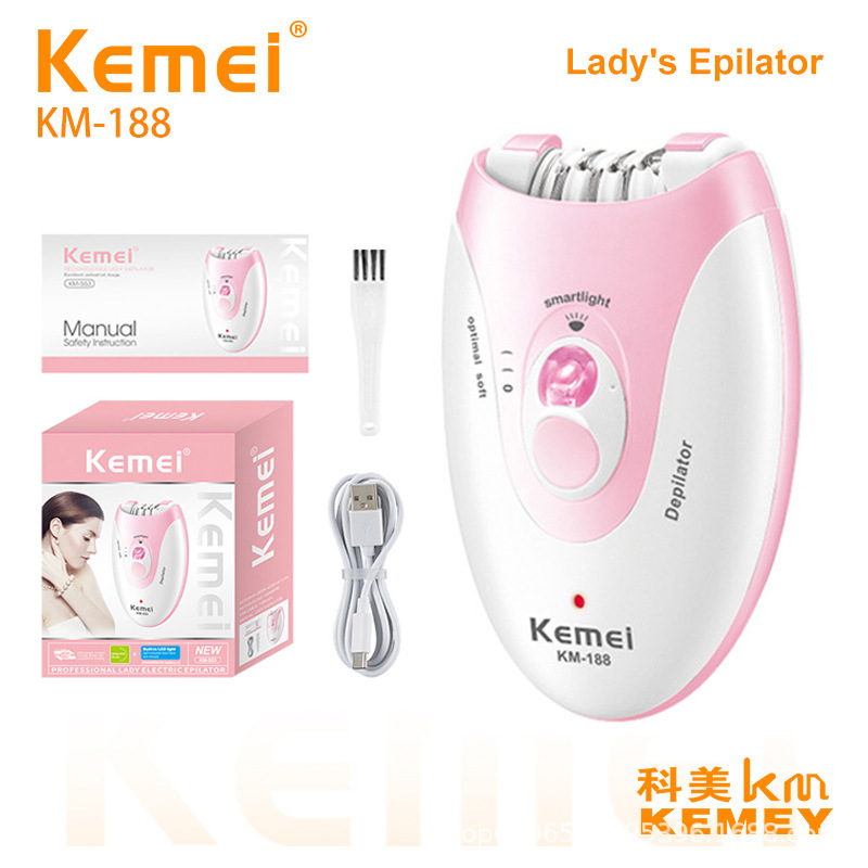 Kemei科美外贸爆款女士拔毛器KM-188精钢刀头LED照明私处脱毛器