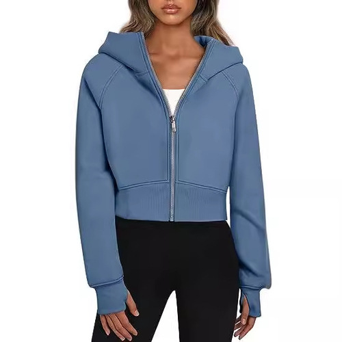 2024 European and American foreign trade cross-border women's clothing Amazon Hooded Zipper Short Sleeve Casual Padded Long Sleeve Sweatshirt