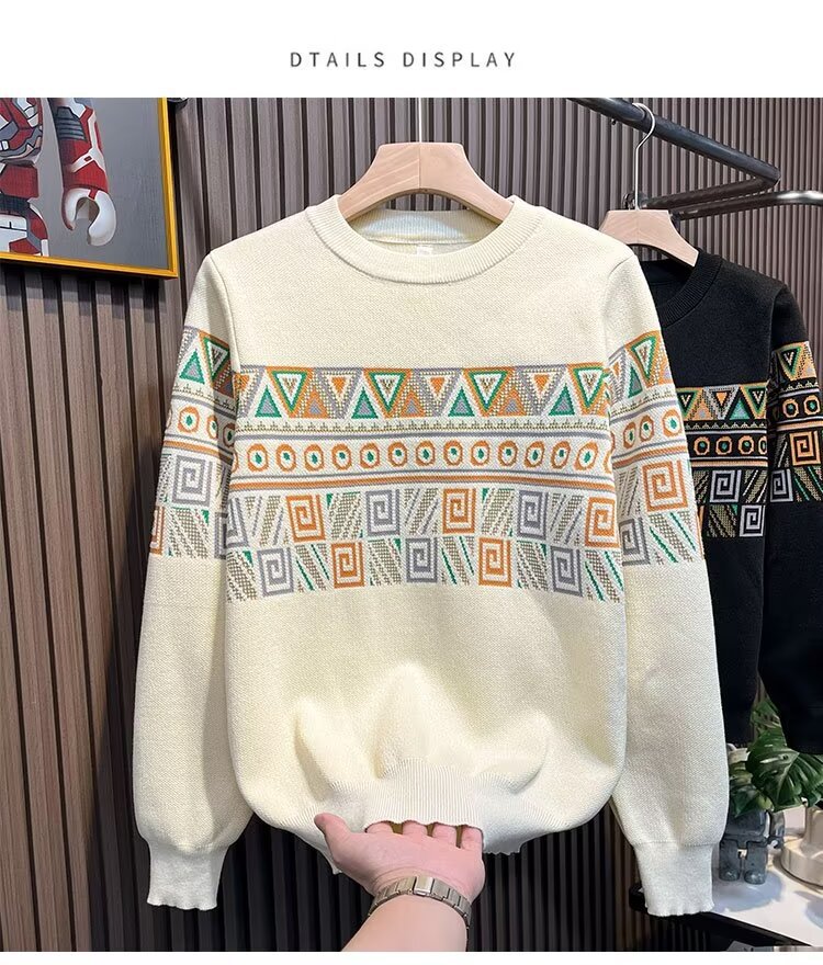 "Men's Jacquard Knit Sweater - European & American Style Thick Winter Pullover With Long Sleeves, Fashionable Textured Design_viptrois.com
