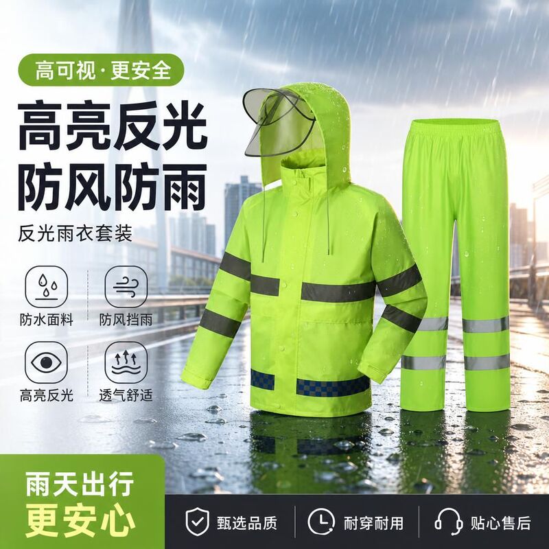 Split-Type Reflective Raincoat and Rain Pants Set, Fluorescent Waterproof Workwear for Construction, Sanitation, Traffic Duty, Flood Prevention, and Emergency Work