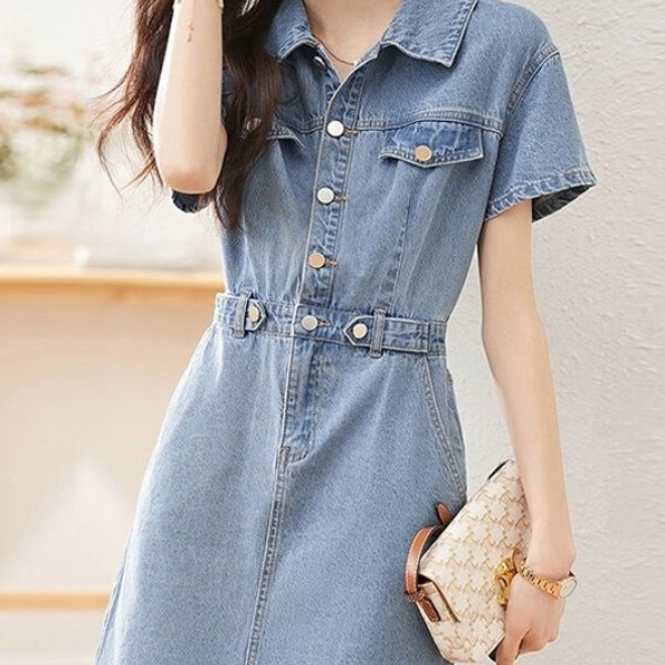 Korean Style Pocket Button Denim Skirt for Women, New Summer Style, Elegant Waist-Cinching Slimming Fashion Short-Sleeve Dress