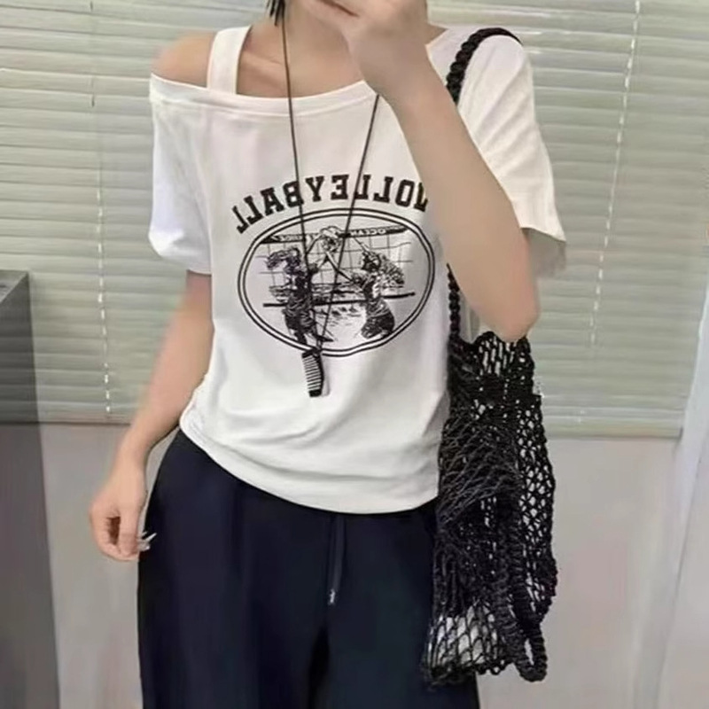 【綿92・スパンデックス8】オフショルダー半袖スリムフィットショートプリントTシャツレディース万能ボトムスシャツ|undefined