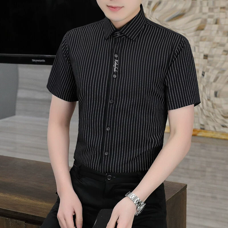 2025 летний основной толчок взрывной модели] высококачественная рубашка против морщин в полоску с вышивкой с короткими рукавами 88190