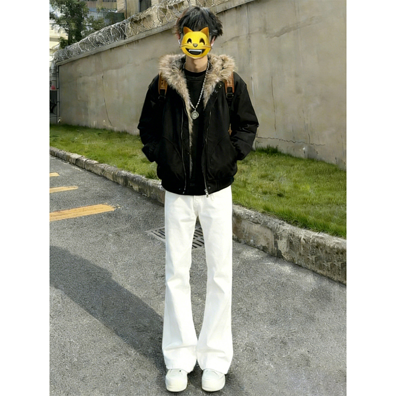 White Curved Hem Xintang Jeans for Men, High-Waisted Vibe Pants, American-Style Straight-Leg Flared Pants, Cleanfit