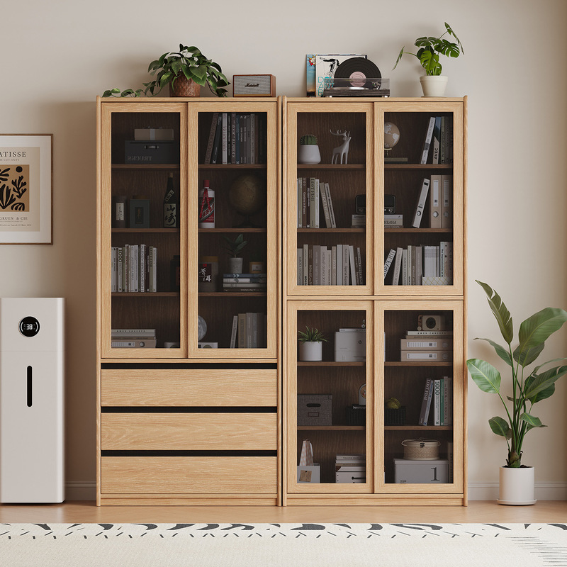 Solid wood walnut bookcase with sliding doors and glass shelves, floor-standing, simple natural wood style, for home bedroom or study Solid wood walnut bookcase with sliding doors and glass shelves, floor-standing, simple natural wood style, for home bedroom or study