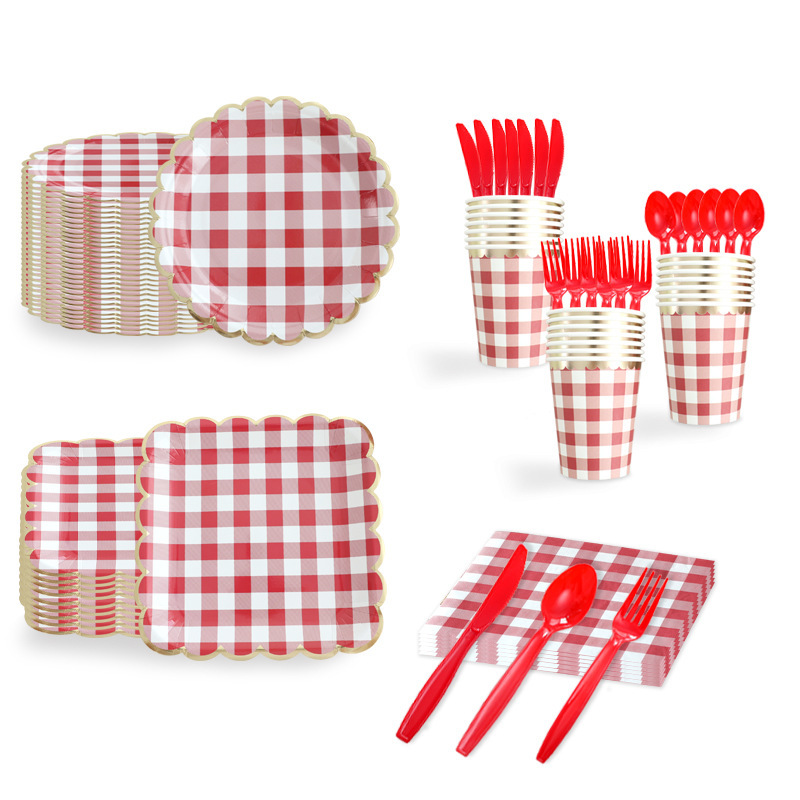 Cross-Border Red Plaid Party Tableware Set Hot Stamping Lace Disposable Paper Plate Dinner Plate Birthday Decoration Decorations
