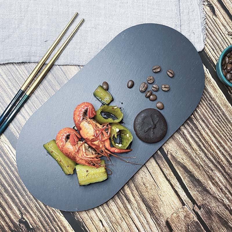 Placa de Roca Negra redonda cuadrada Placa de pizarra de borde recto restaurante occidental sushi japonés postre Placa de presentación Placa de carne