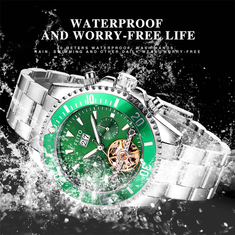 FEITO 8828 nuevo movimiento mecánico de la correa acero calendario hueco luminoso personalidad negocio moda reloj los hombres
