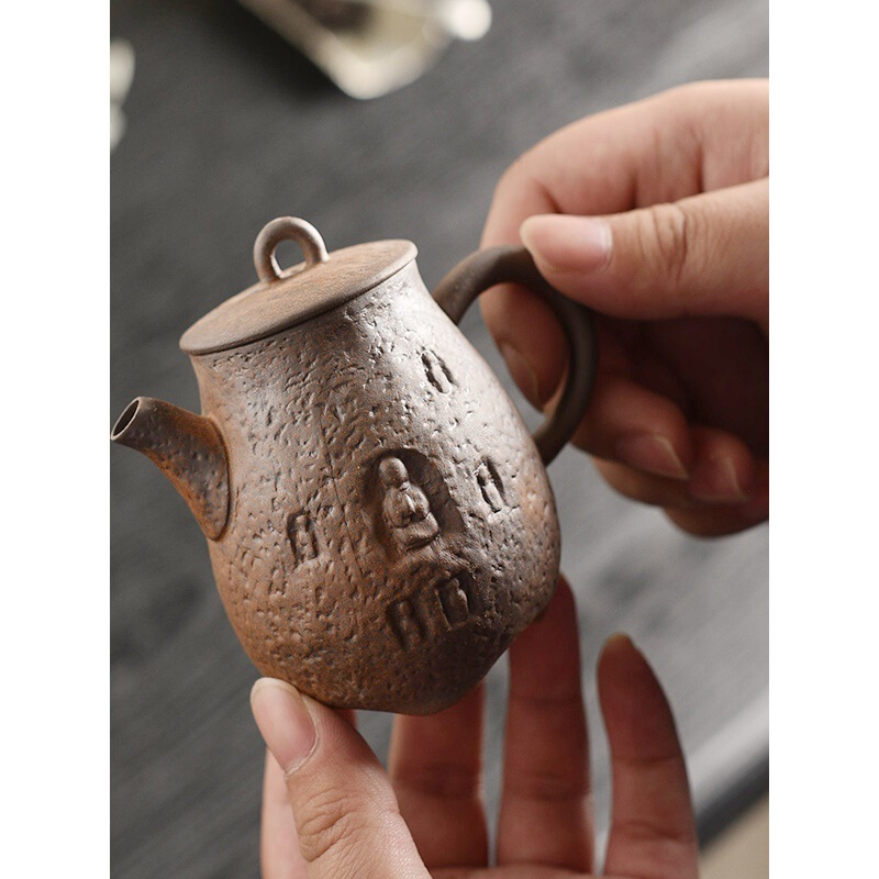 Rough Pottery Ancient Style Dunhuang Teapot Cultural and Creative Handmade Ceramic Household Tea Set High-Value Chinese Antique Teapot Single Pot
