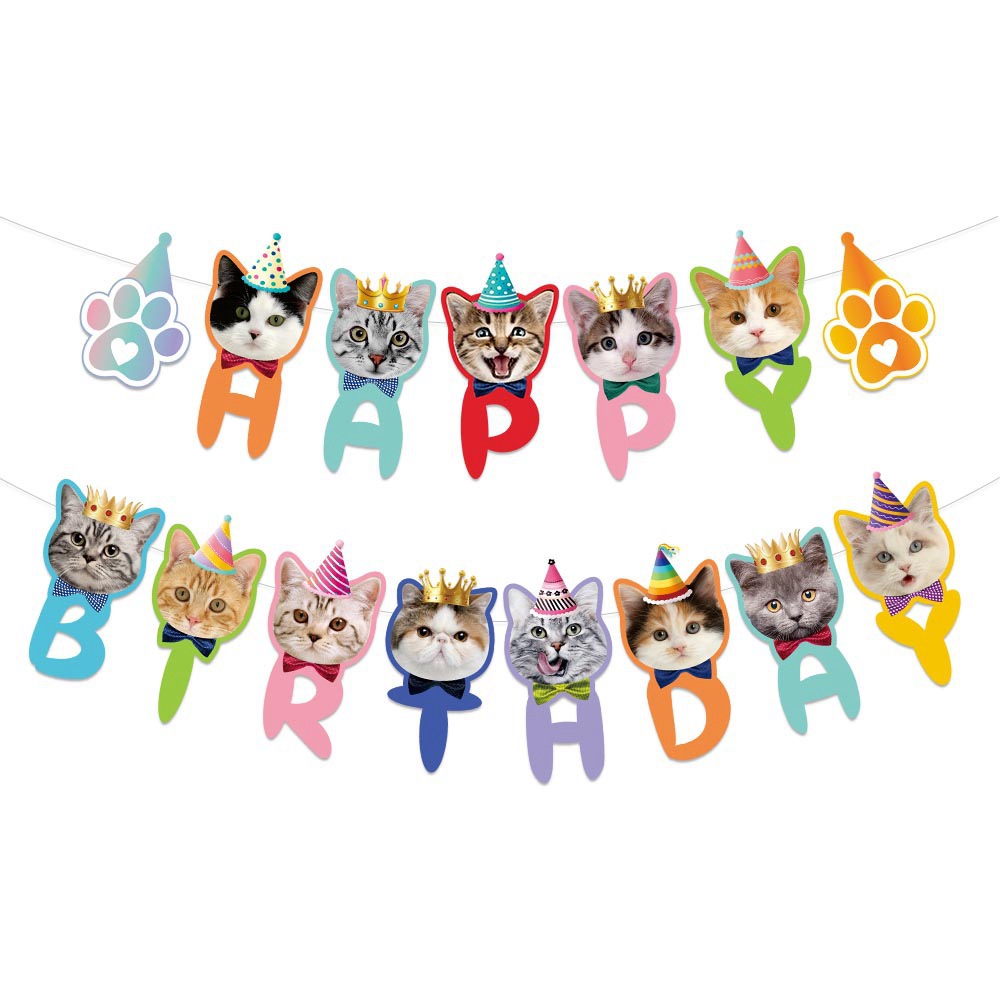 Nueva mascota gato tema cumpleaños fiesta decoración suministros dibujos animados gato cumpleaños bandera pastel Tarjeta de inserción