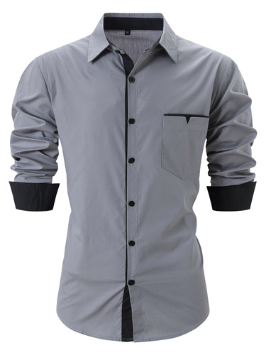 2025 Cross-border European and American-style Men's Fashion Spring/Summer Cotton Color-Block Pocket Lapel Slim-fit Casual Men's Long-sleeved Shirt