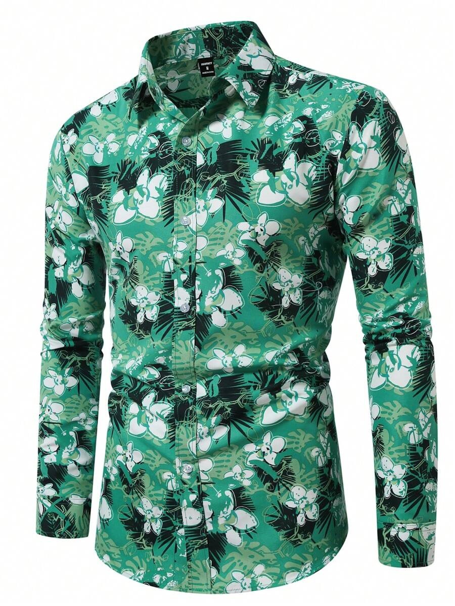Moda todo fósforo color sólido tinta flor impresión digital 3D hombres primavera y otoño suelta camisa de botón de solapa de manga larga