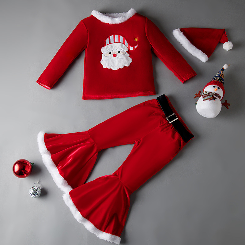 Traje de felpa de Navidad para niños pantalones acampanados europeos y americanos primavera y otoño invierno terciopelo dorado elfo de Navidad ropa conjunto de tres piezas