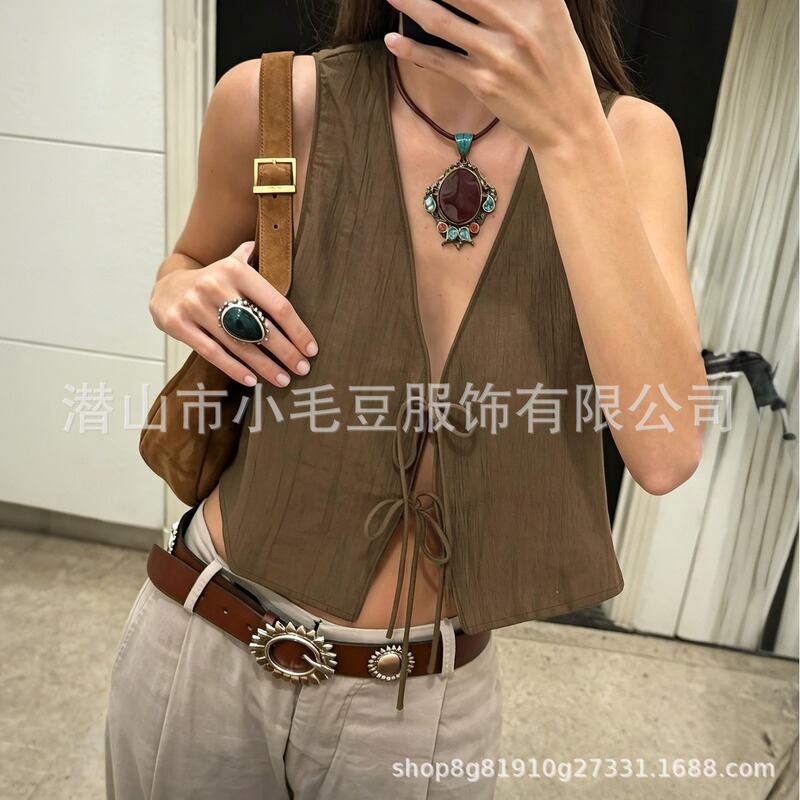 2026 European and American Cross-Border Women's T-Shirt Summer V-Neck Sexy Sleeveless Front-Tie Cardigan Vest Short Loose Top 2026 European and American Cross-Border Women's T-Shirt Summer V-Neck Sexy Sleeveless Front-Tie Cardigan Vest Short Loose Top