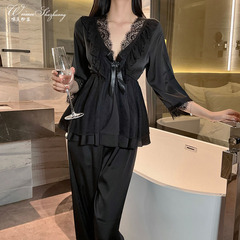 美しい糸のレースのサテンの家のパジャマセットの深いvの甘いレースの上着のズボンの2つの家の服
