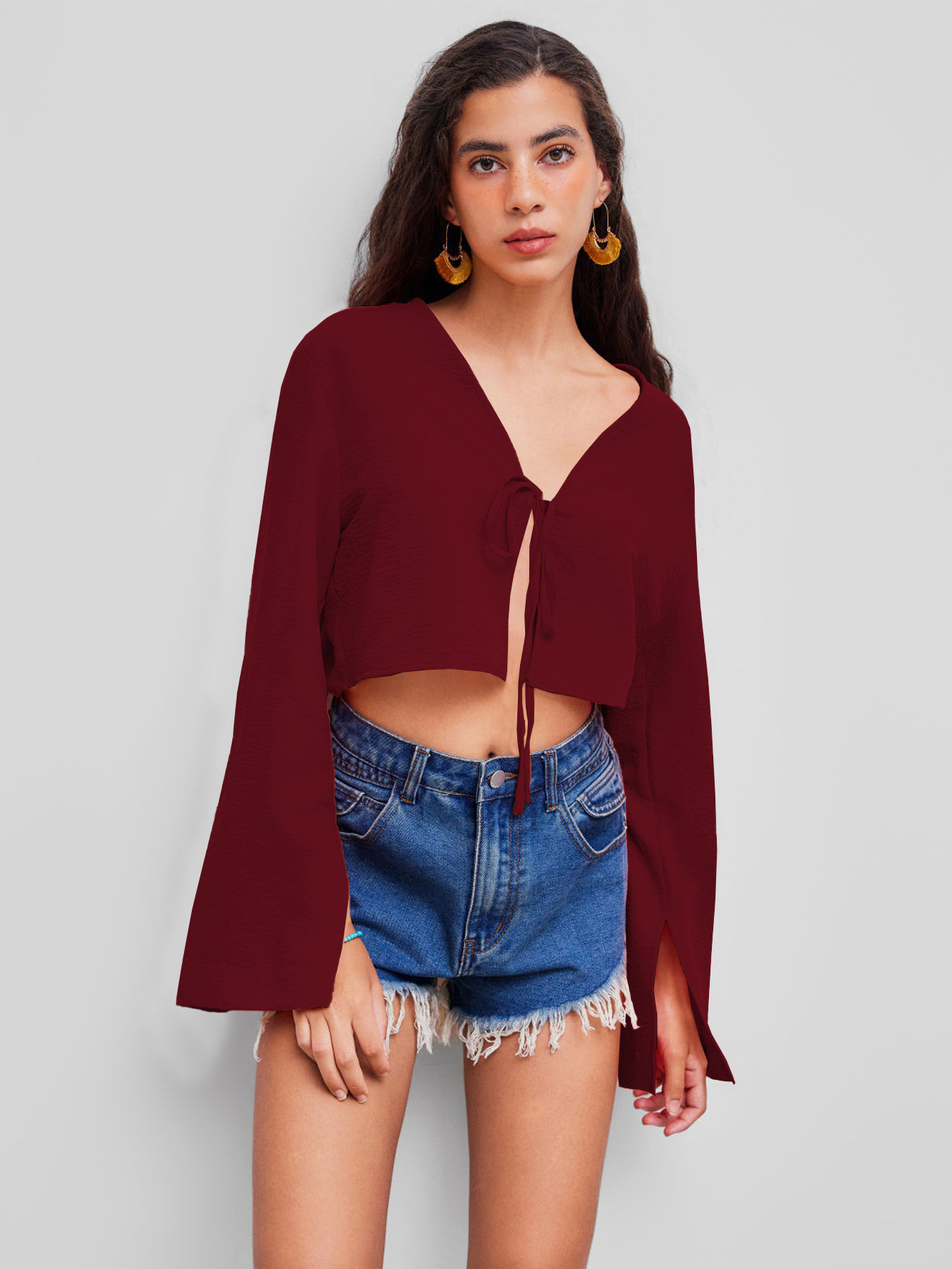 Voya 2026 Sexy V-neck T-shirt With Spring And Summer Chest Tie, Niche Burgundy Cardigan Top, Women's Clothing_ecoleips.com