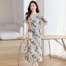 拉夏贝尔印花系带短袖连衣裙女2025年新款夏季中长款气质女装长裙