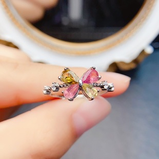 New Natural Tourmaline Ring S925 Silver Inlaid Main 4*6mm Versatile Trendy Popular Women's Jewelry Wholesale