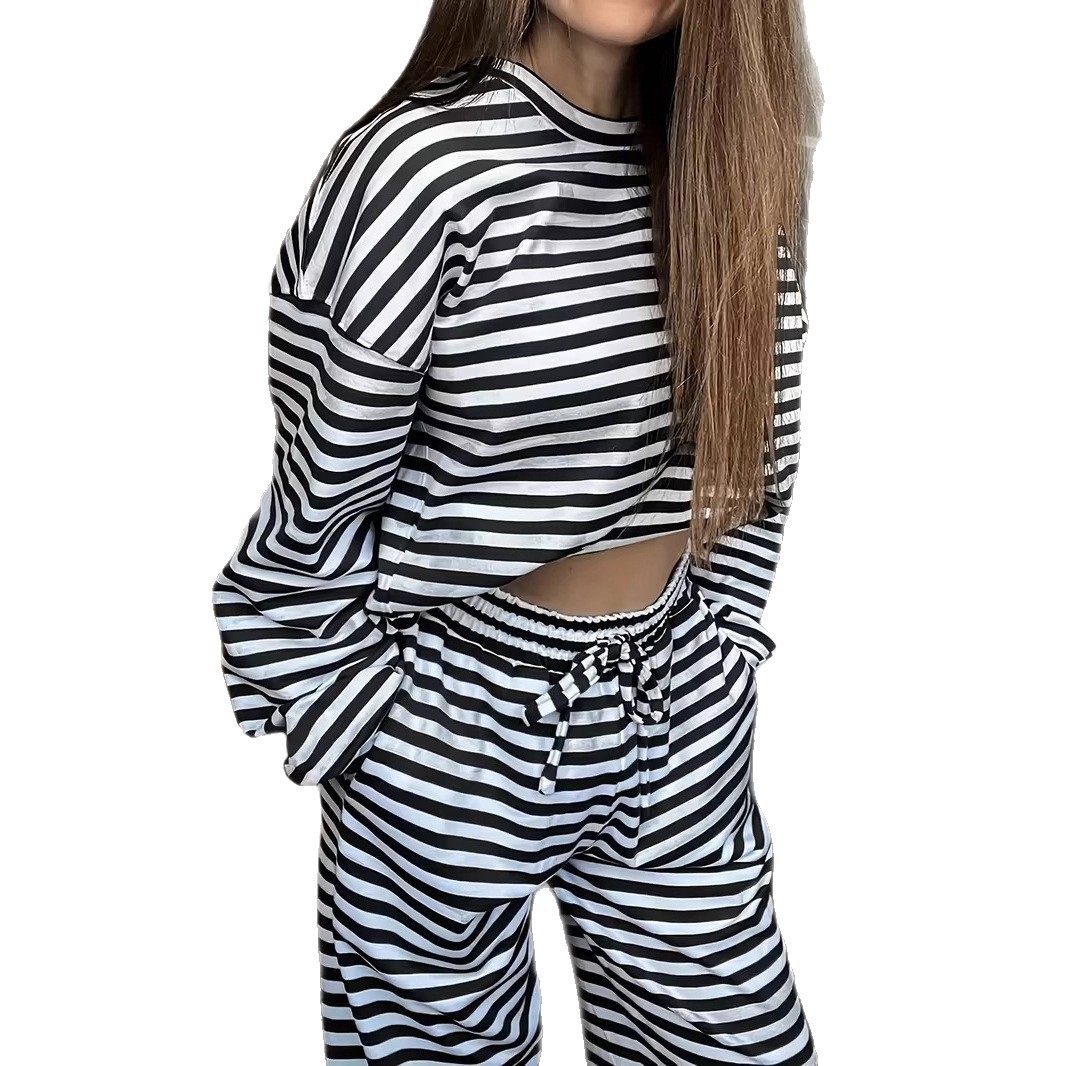 Women's Clothing Popular Striped Long-sleeved Top High-waisted Trousers Women's Fashion Casual Suit_ecoleips.com