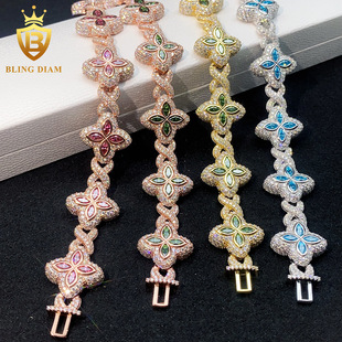 Europe and the United States cross-border hot S925 silver full set moissanite four-leaf clover Cuban chain hip-hop bracelet