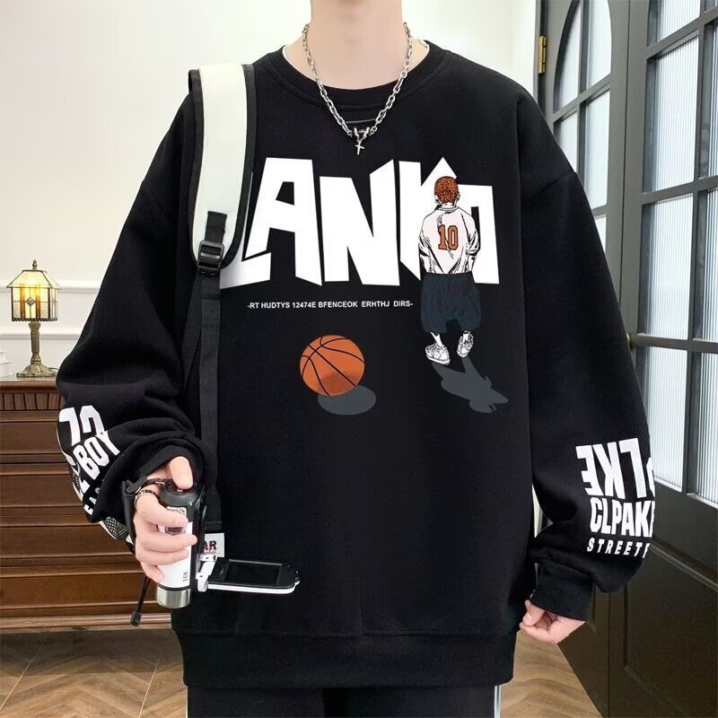 Men's Round-Neck Sweatshirt, Spring and Autumn, Hong Kong Style, Hoodless Long-Sleeve T-Shirt, Stylish and Durable, Base Layer Shirt for Men, Student Clothing