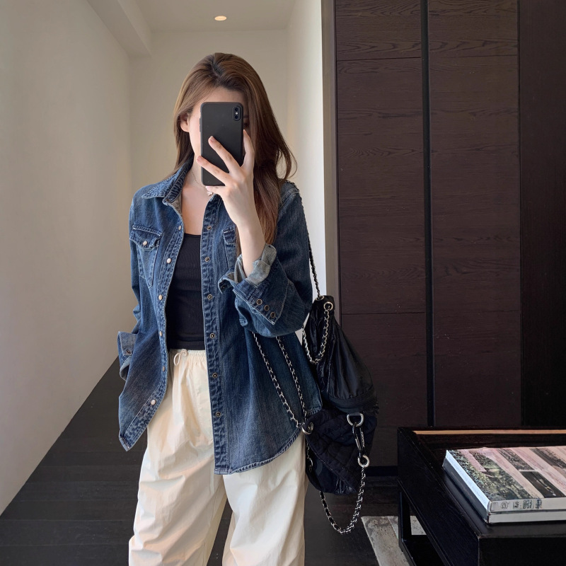 慵懒随性！ 品质时髦复古蓝色牛仔衬衫外套2025新款女秋冬603054|undefined