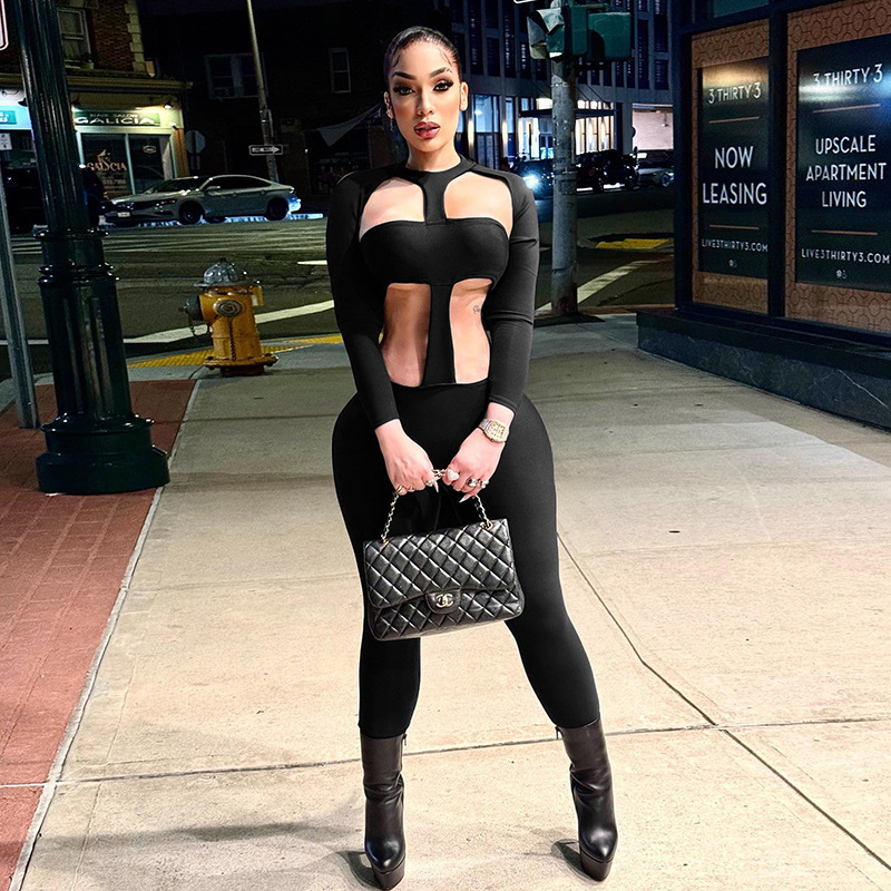 D25Jp341 European and American Fashion 2025 Autumn New Casual Cut Out Elastic Slim Long-Sleeved Sports Pants for Women Wholesale