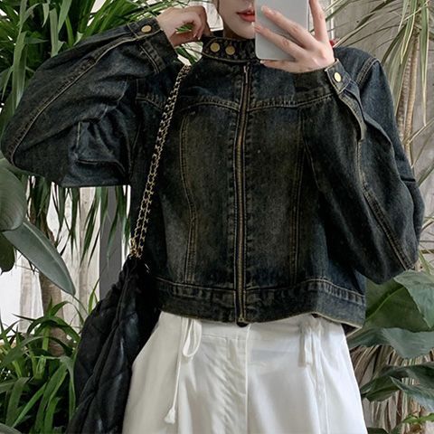 法式复古做旧立领牛仔外套女2025秋季新款小个子拉链短款工装夹克|undefined