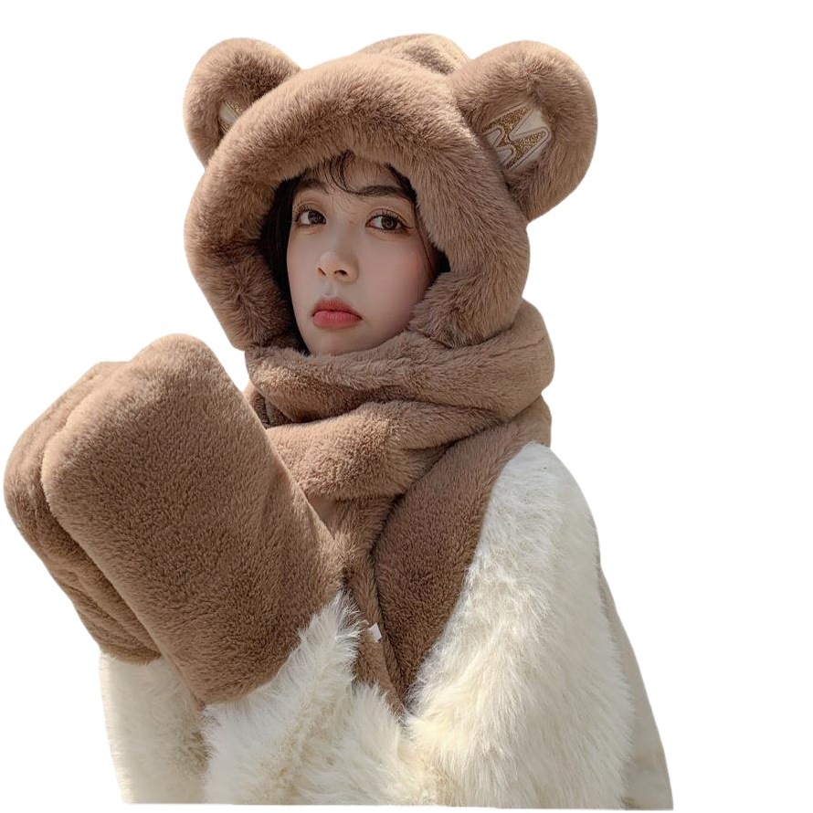 Conjunto de gorro, bufanda y guantes con diseño de oso, todo en uno, para calidez y protección de las orejas, conjunto de tres piezas para mujer, versátil para otoño e invierno, gorro de felpa de una pieza. image 1