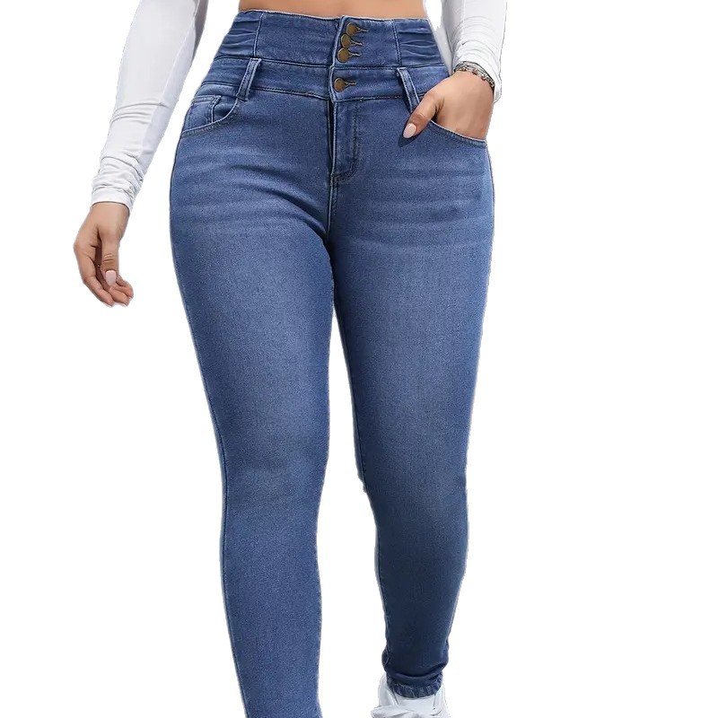 Fashion Versatile Women's Skinny Jeans Fleece Lined Elastic Waist Multi Button Solid Color Autumn Winter New Style_ecoleips.com