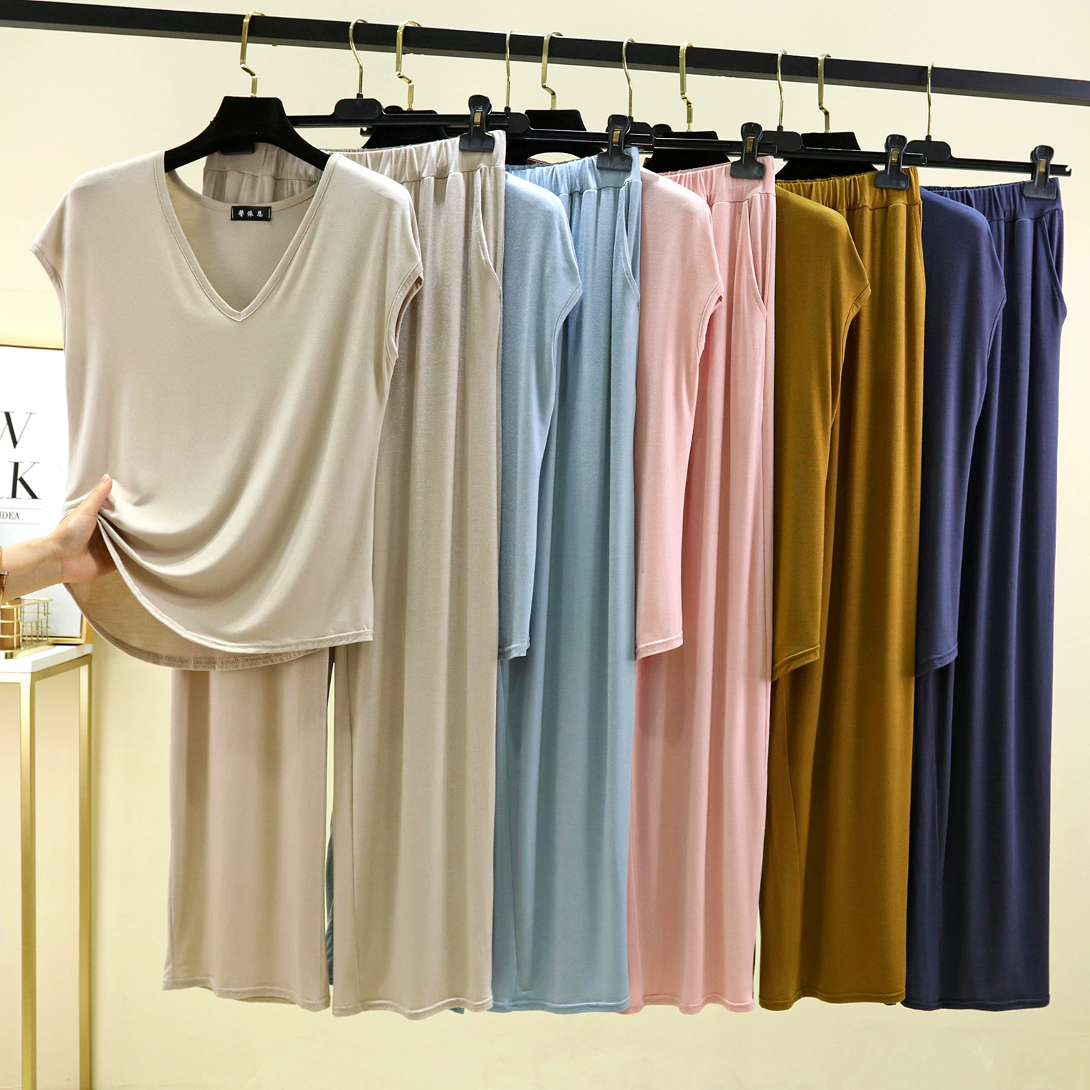 Модаль без рукавов V-образный набор футболки брюки женский летний свободный повседневный сплошной цвет домашней пижамы из двух частей