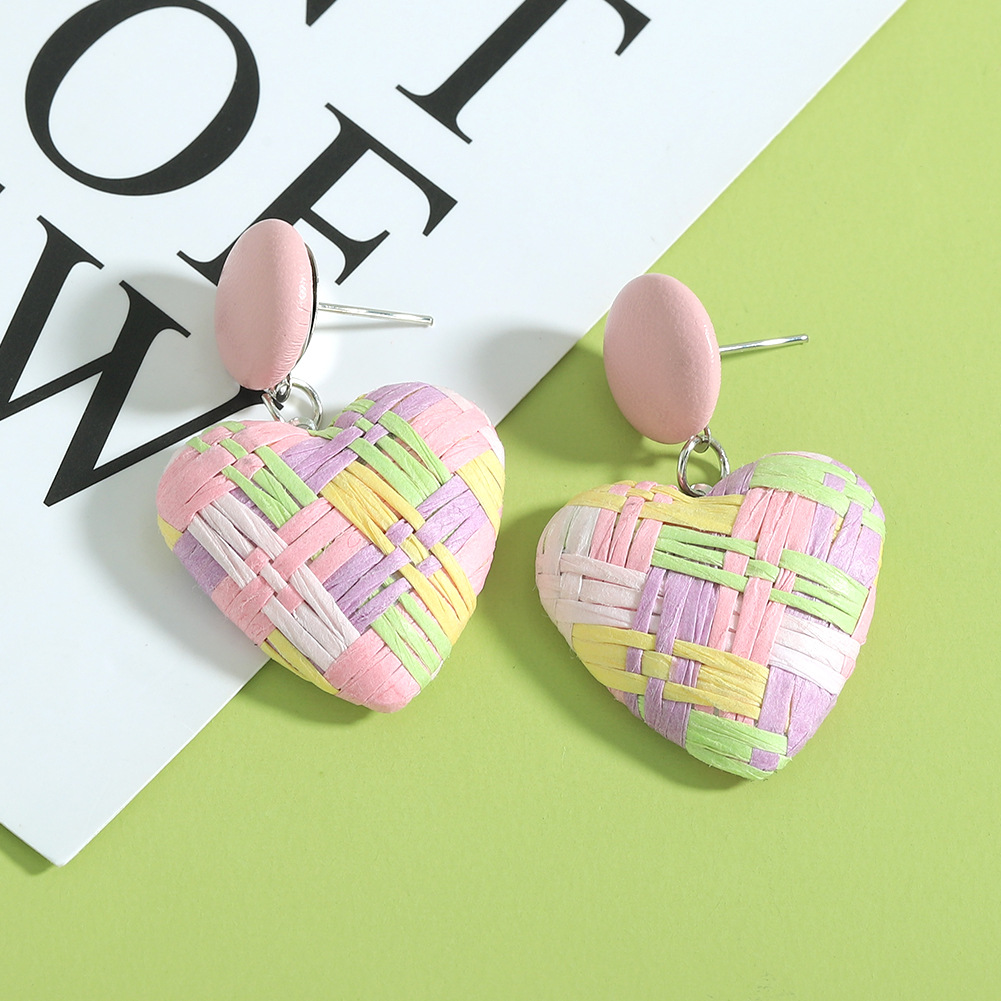 Color Raffia Woven Peach Heart Earrings Wholesale Jewelry Nihaojewelry display picture 4