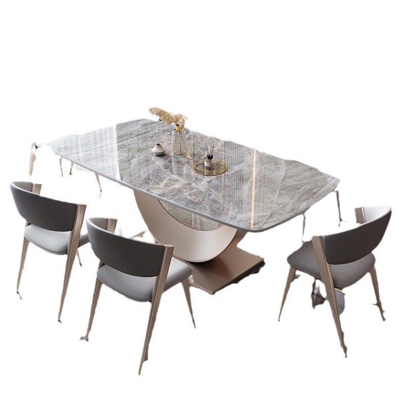 Mesa de comedor moderna de lujo ligera simple y europea, mesa de comedor de tabla de roca y silla combinada, mesa de comedor rectangular de piso grueso duradera y luminosa