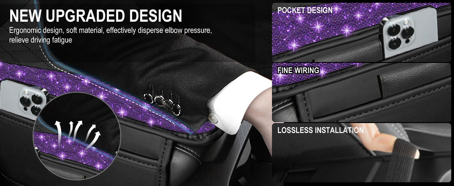 Factory Direct Sales Shiny Diamond Car Armrest Box Pad Rhinestone with Side Pocket Car Central Leather Elbow Protector