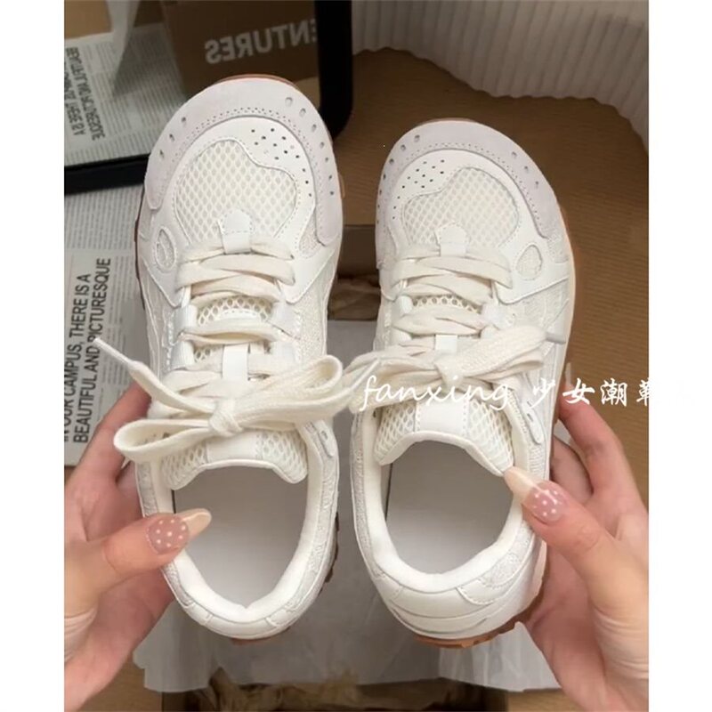 White Sneakers for Women, Summer Mesh Waffle-Style Shoes, Lace Breathable German Training Shoes, Thick-Soled Breathable White Shoes