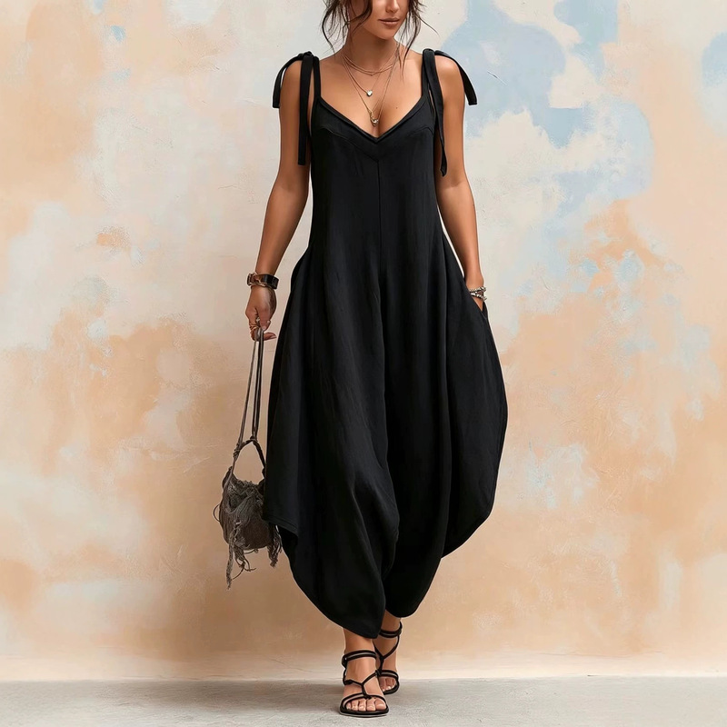 2026 European and American New Style Solid Color Suspender Jumpsuit V-Neck with Pockets Loose Casual Women's Jumpsuit Wholesale in Stock