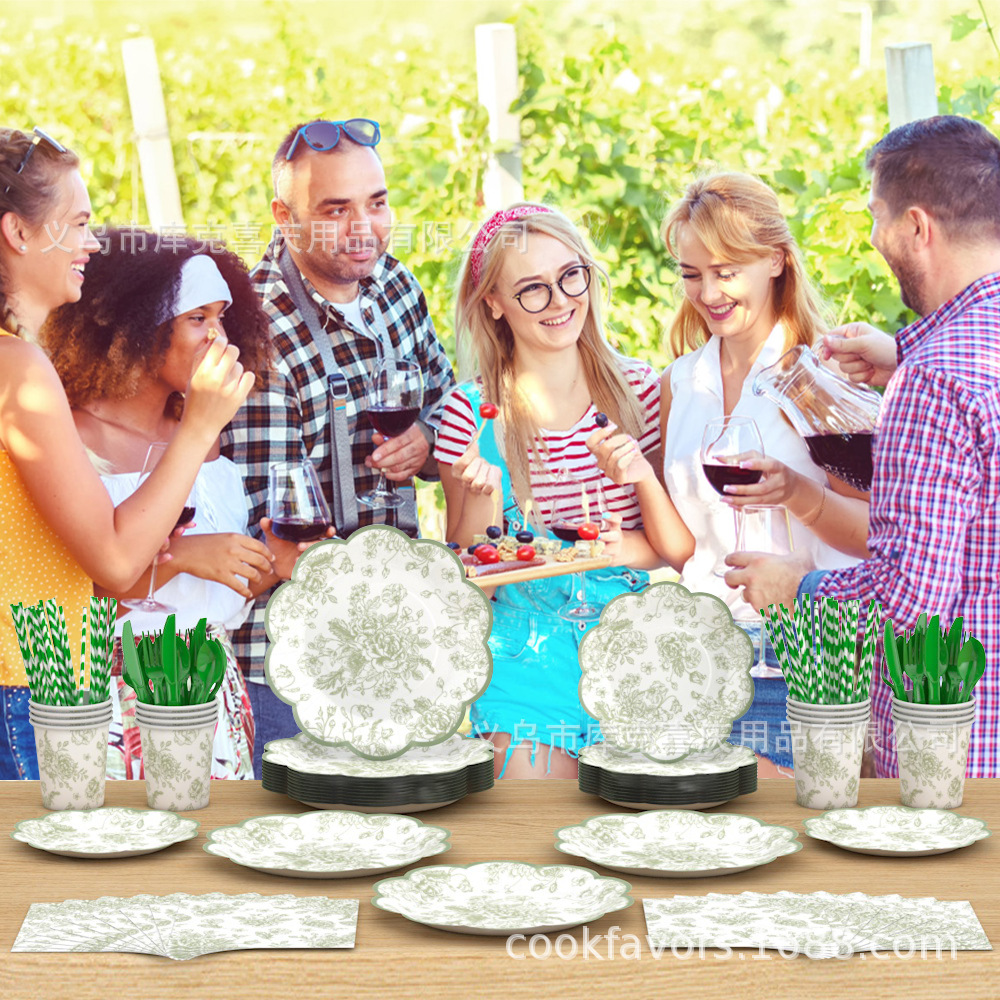 Acuarela salvia encaje fiesta platos de cumpleaños bautismo bandeja de papel desechable taza de papel conjunto de toallas de papel