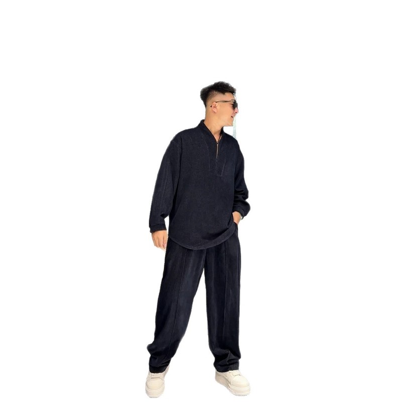 时尚酷帅云朵绒卫衣套装秋季休闲宽松立领半拉链潮流卫衣休闲裤|undefined
