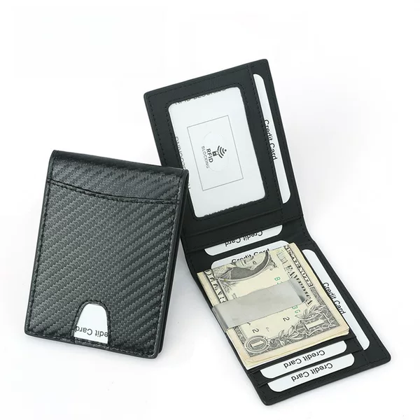 Cross-Border New Men's Carbon Fiber Pattern Dollar Clip Hot-Selling Cowhide Short Rfid Anti-Theft Wallet