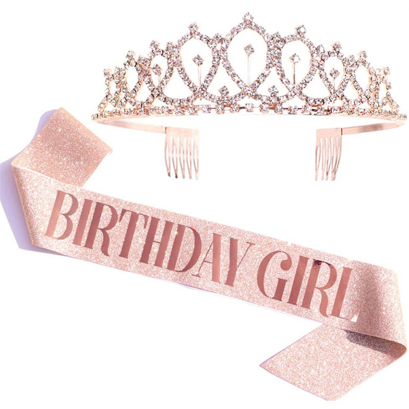 Birthday Party Birthdaygirl Etiquette with Crown Set Rose Gold Glitter Pink Cloth Birthday Shoulder Strap Birthday Party Birthdaygirl Etiquette with Crown Set Rose Gold Glitter Pink Cloth Birthday Shoulder Strap