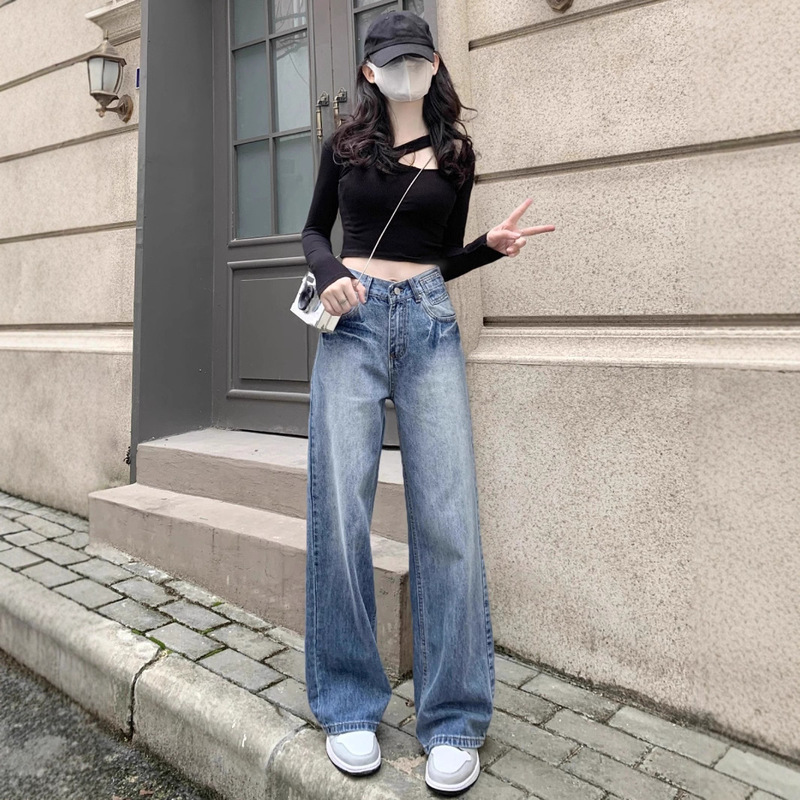 New Retro Washed Loose Straight Jeans for Women, Spring and Autumn New Style, Petite High-Waisted Slimming Drape Wide-Leg Pants New Retro Washed Loose Straight Jeans for Women, Spring and Autumn New Style, Petite High-Waisted Slimming Drape Wide-Leg Pants