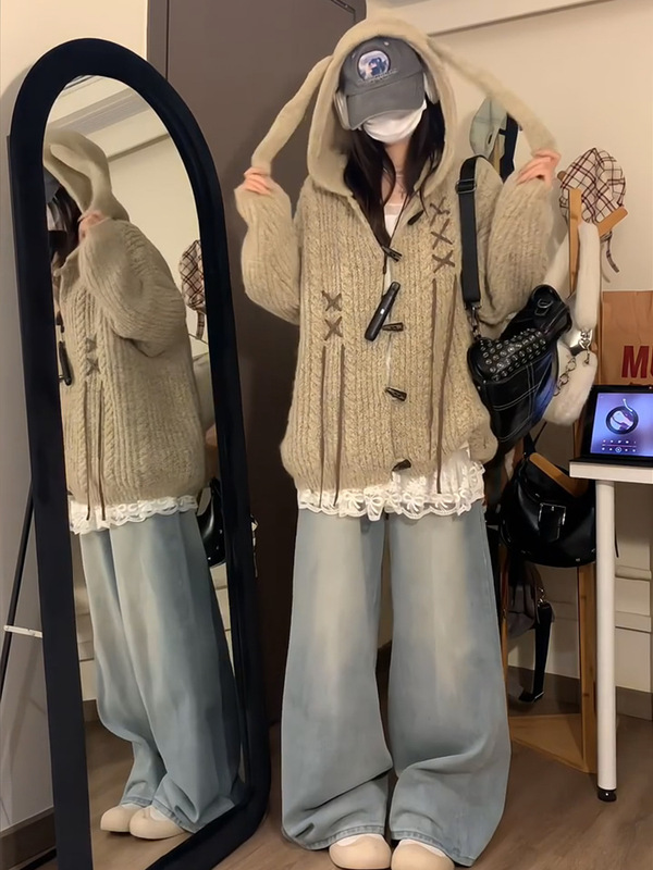 韩版穿搭连帽针织牛角扣开衫毛衣女秋冬百搭休闲软糯帽衫外套上衣|undefined